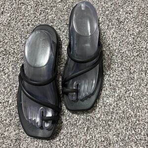 Share CROCS Sandals Miami Open Toe Loop Black Vegan Slip On flip Flop Flats 9
